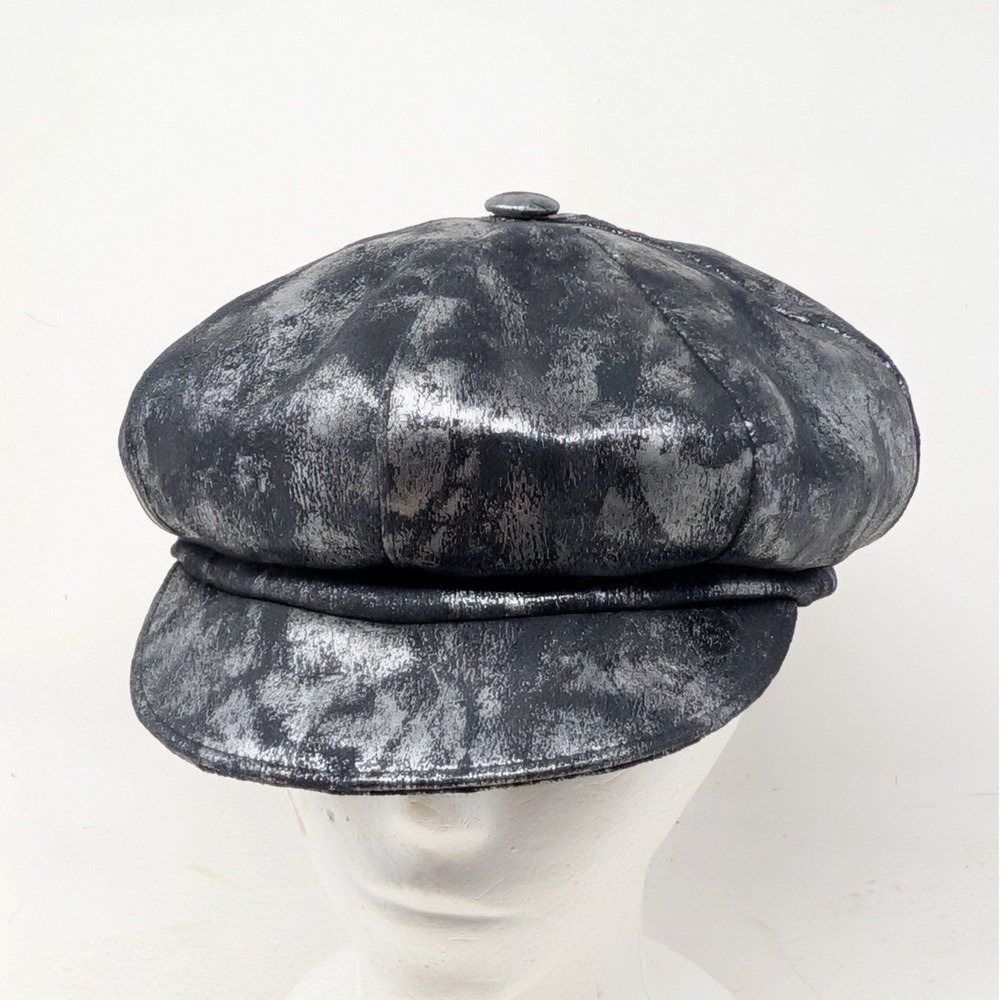 Nordstrom Womens Metallic Silver Newsboy Cap Made in Italy Baker Boy Hat Black